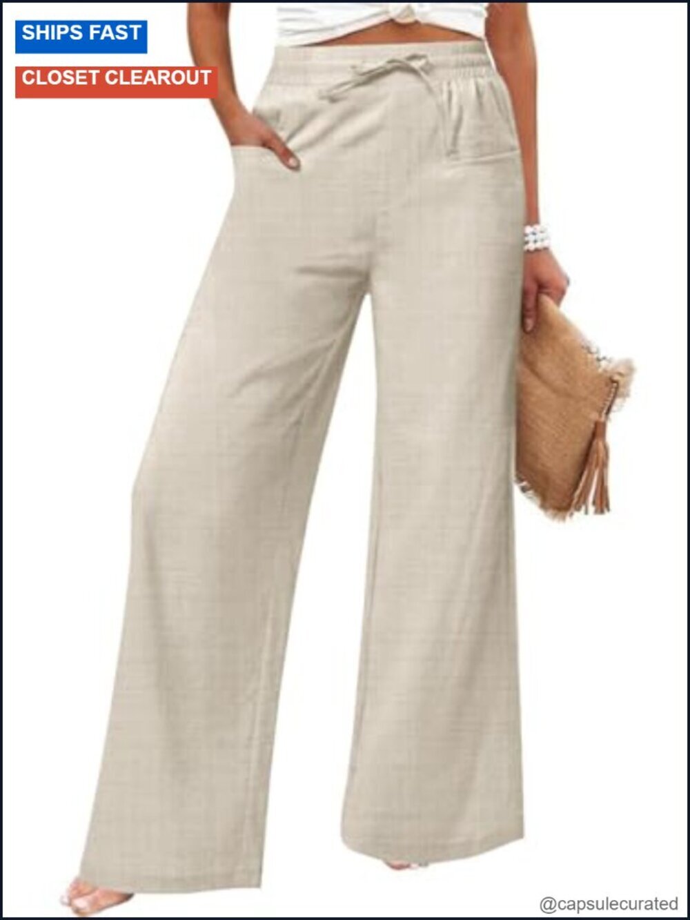 Wide Leg Linen Blend Pants with Pockets High Waisted Drawstring Lounge Trousers